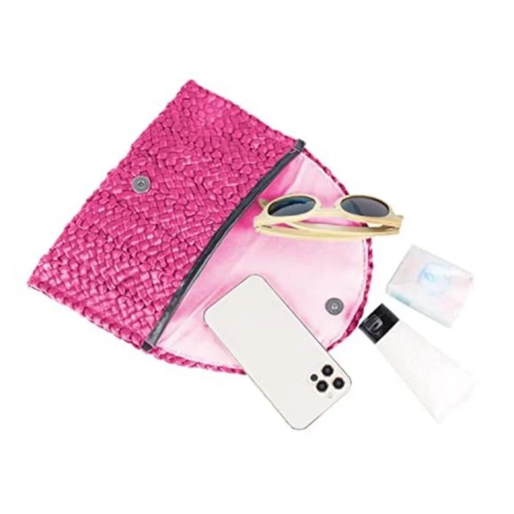 Woven Straw Clutch Bag Envelope Summer Beach Purse Women Pink